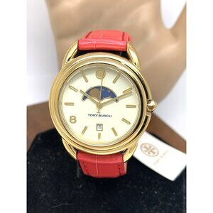 Tory Burch Women's Watch TBW7228 Quartz Moon Phase Gold Pink Leather Band 34mm